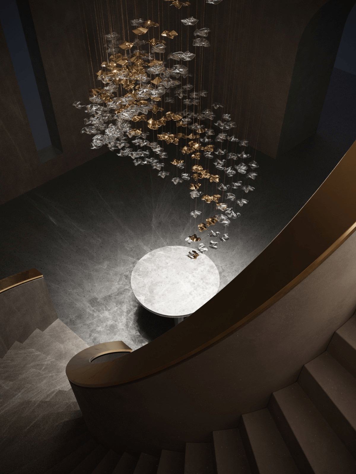 Tidal chandelier over grand staircase