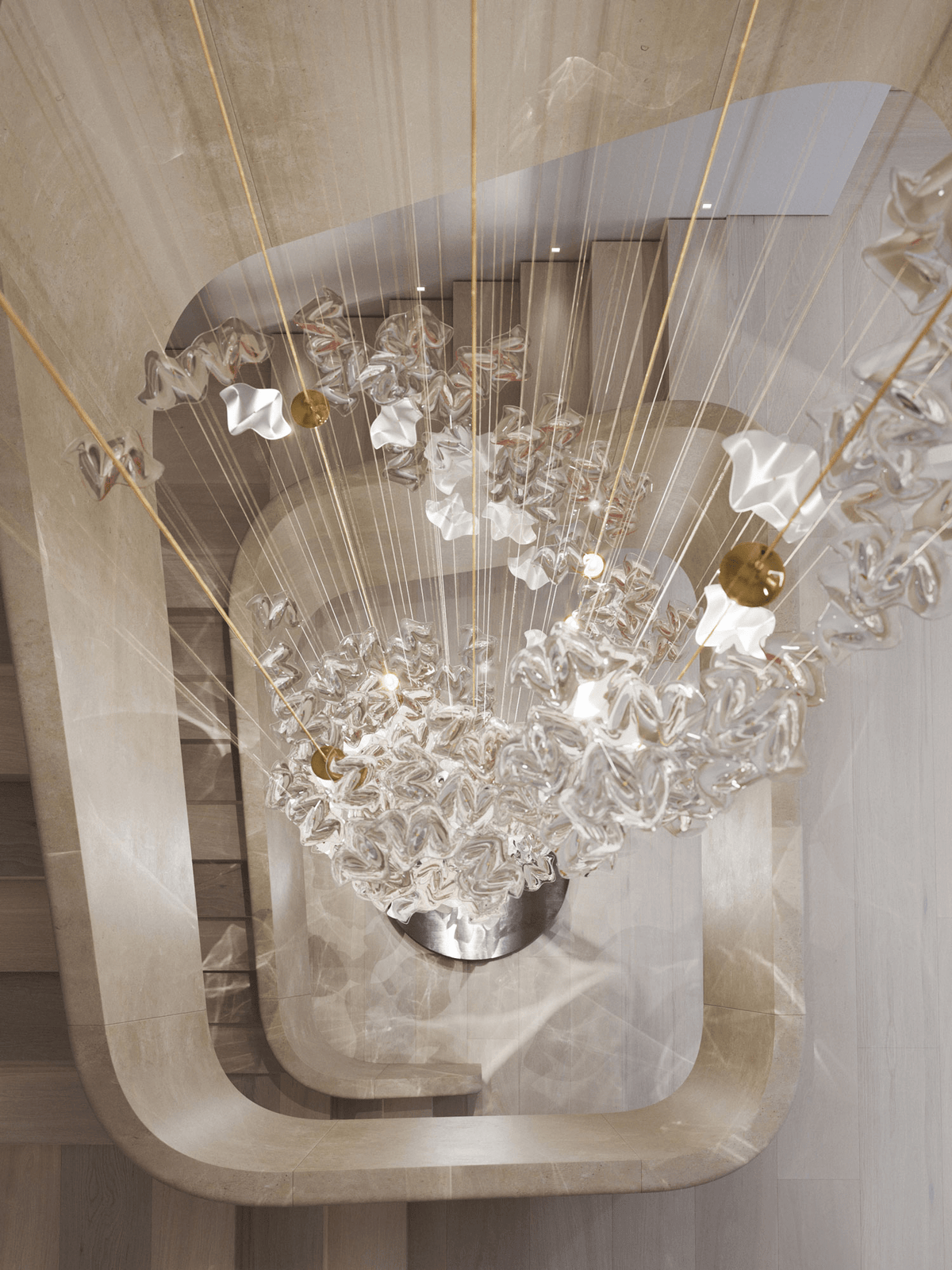 Tidal Art Glass Pendants installed over staircase