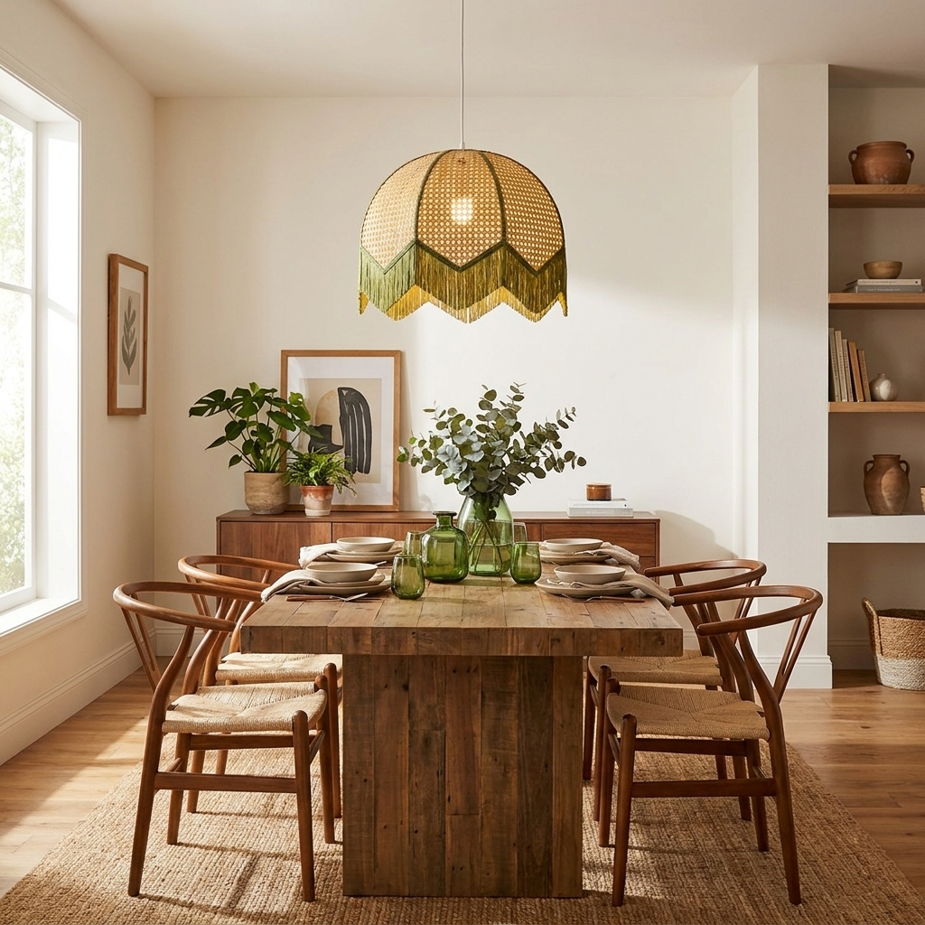 Rattan Fringe Dome Pendant Light
