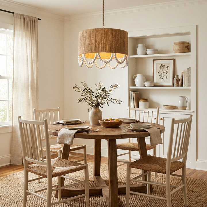Jute Wood Bead Drum Pendant Lamp