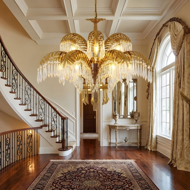 Brass Palm Leaf Crystal Chandelier - Vakkerlight