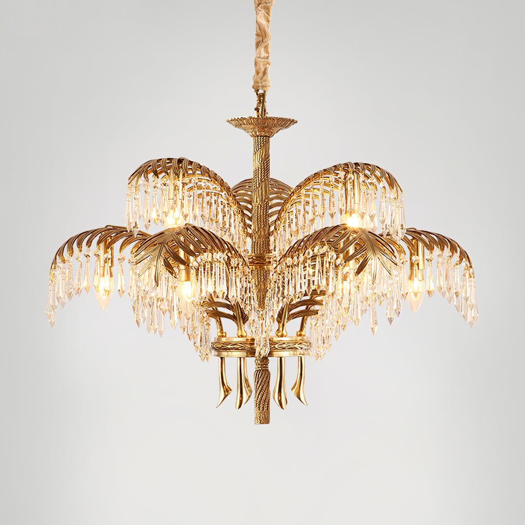 Brass Palm Leaf Crystal Chandelier