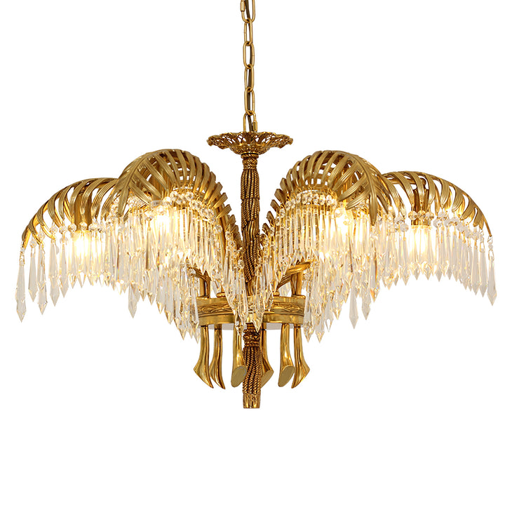 Brass Palm Leaf Crystal Chandelier