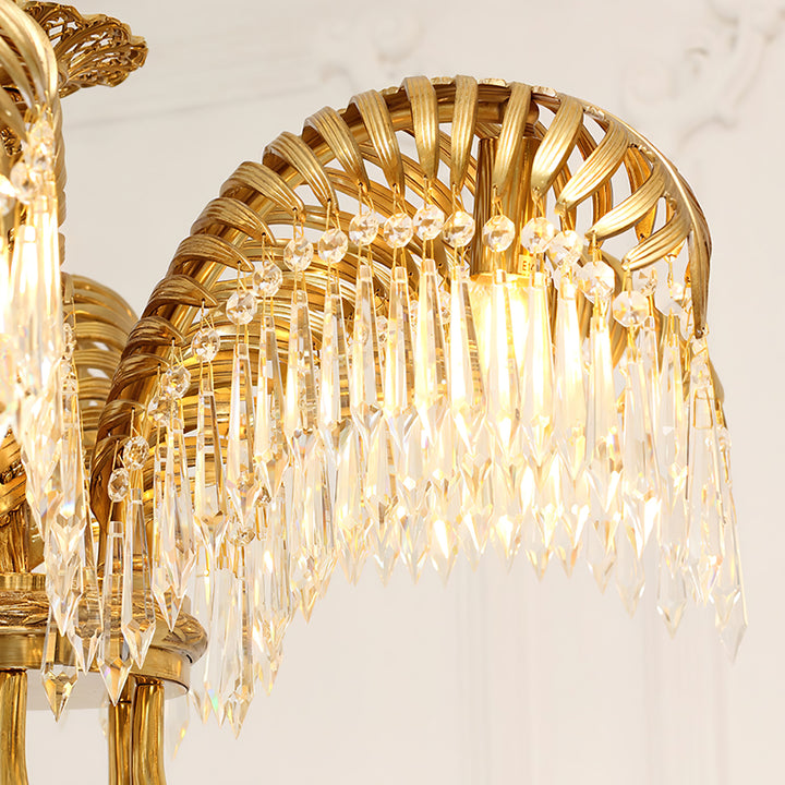 Brass Palm Leaf Crystal Chandelier