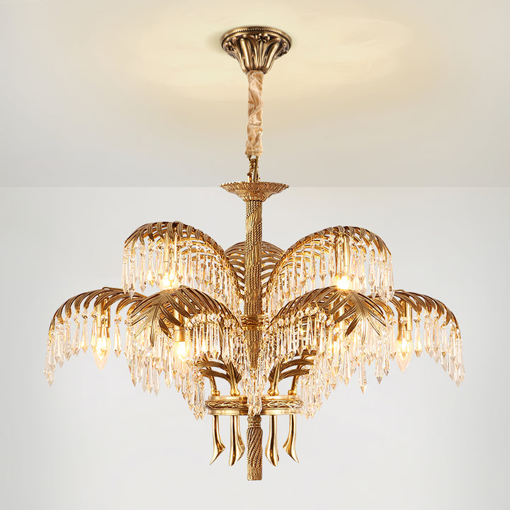 Brass Palm Leaf Crystal Chandelier