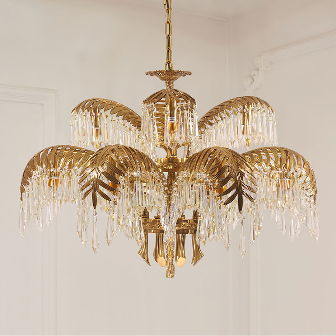 Brass Palm Leaf Crystal Chandelier