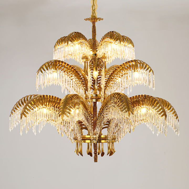 Brass Palm Leaf Crystal Chandelier