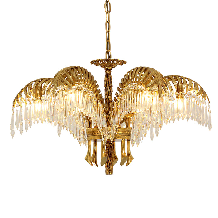 Brass Palm Leaf Crystal Chandelier