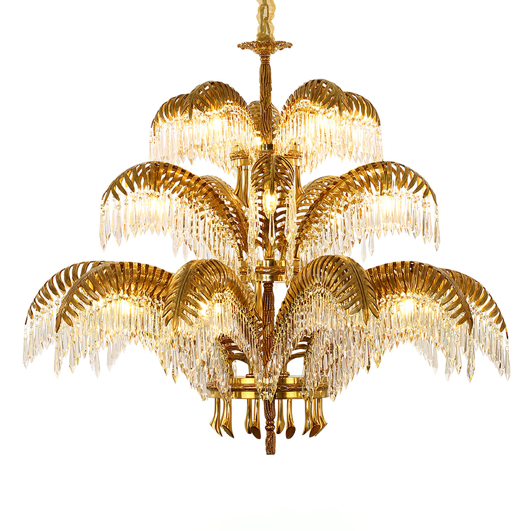 Brass Palm Leaf Crystal Chandelier