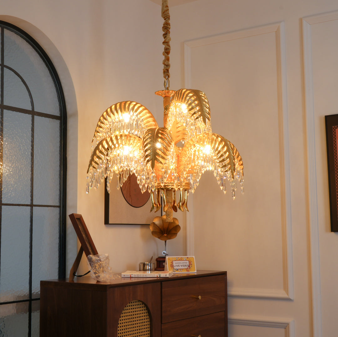 Brass Palm Leaf Crystal Chandelier