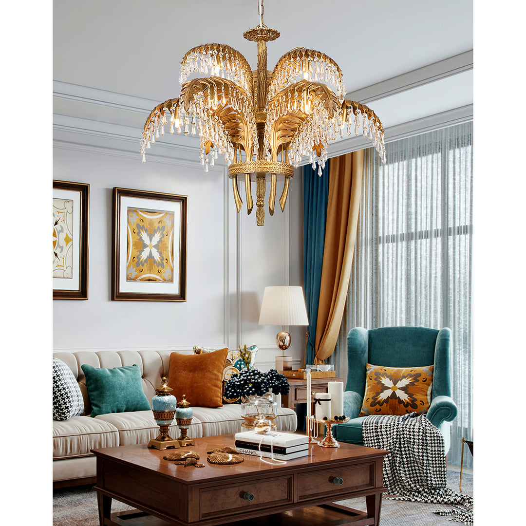 Brass Palm Leaf Crystal Chandelier