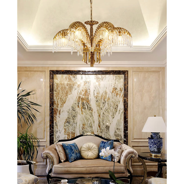 Brass Palm Leaf Crystal Chandelier