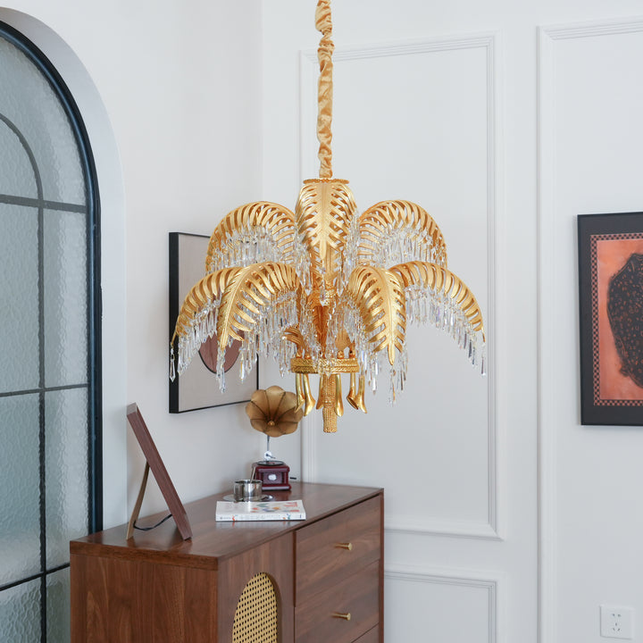 Brass Palm Leaf Crystal Chandelier