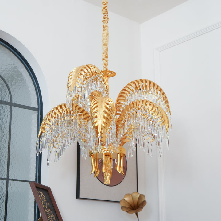 Brass Palm Leaf Crystal Chandelier