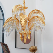 Brass Palm Leaf Crystal Chandelier