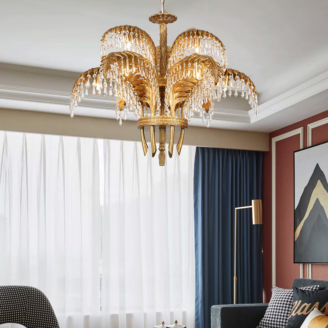 Brass Palm Leaf Crystal Chandelier