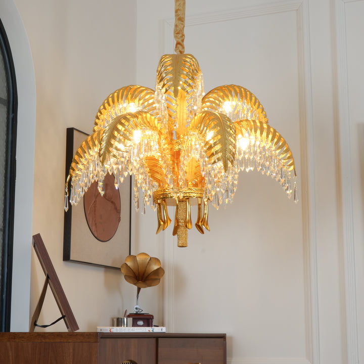 Brass Palm Leaf Crystal Chandelier