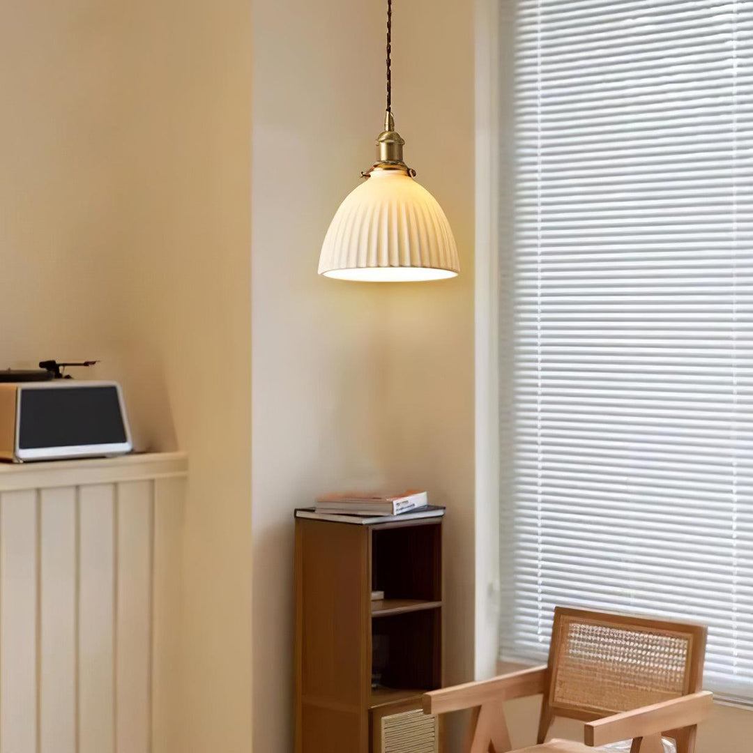 Brass Pleated Ceramic Pendant Lamp - Vakkerlight