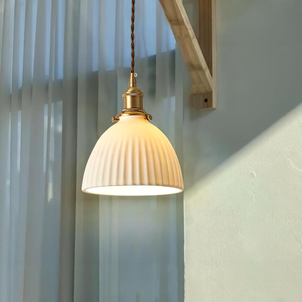 Brass Pleated Ceramic Pendant Lamp - Vakkerlight