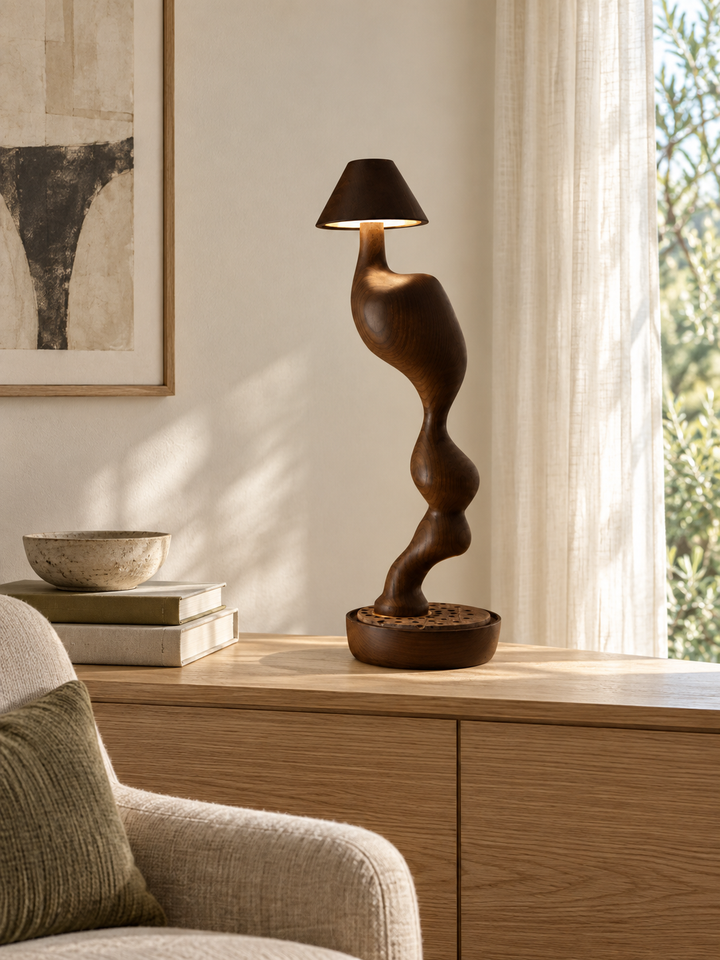 Carved Wood Cordless Table Lamp