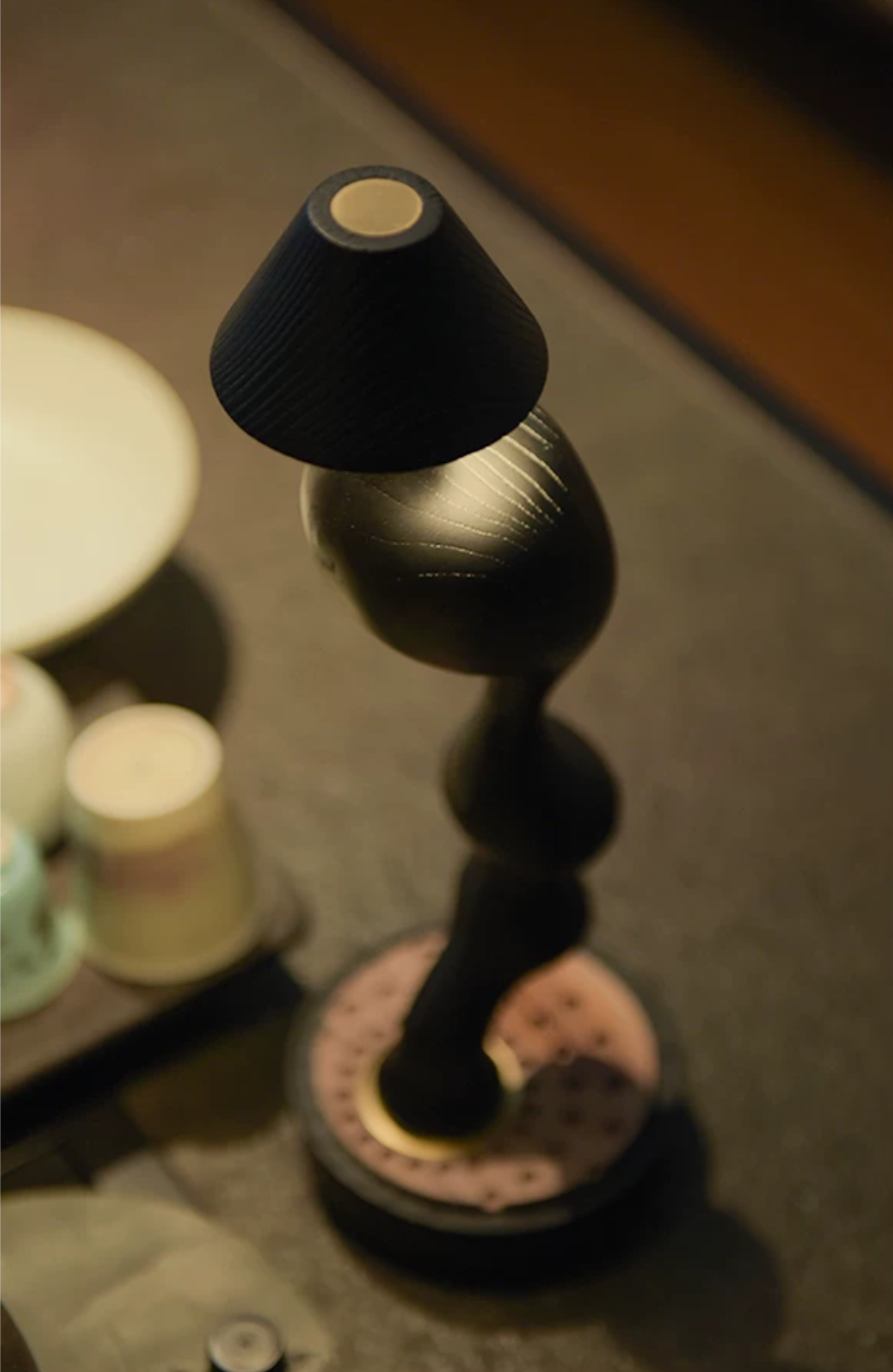 Carved Wood Cordless Table Lamp