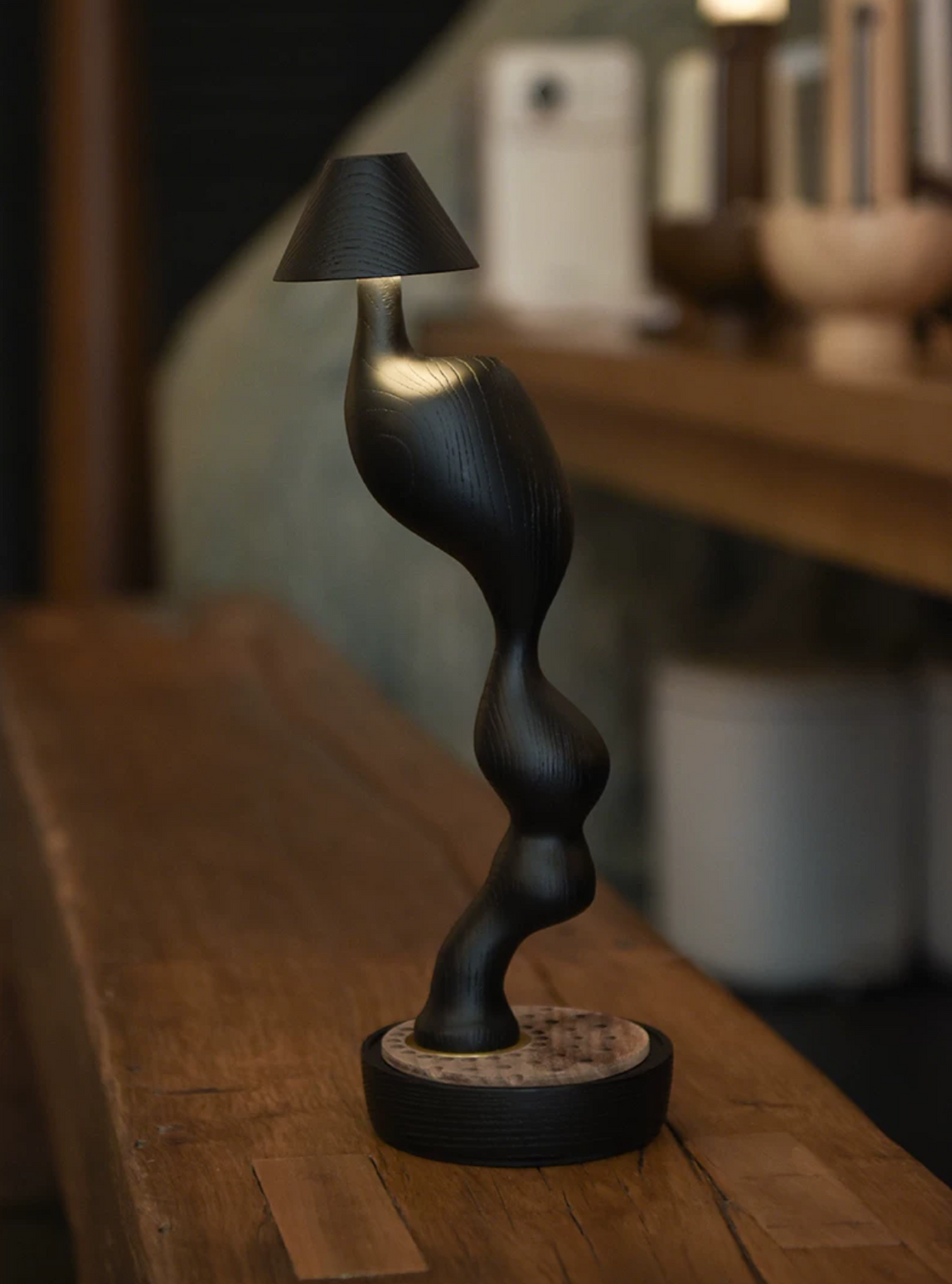 Carved Wood Cordless Table Lamp