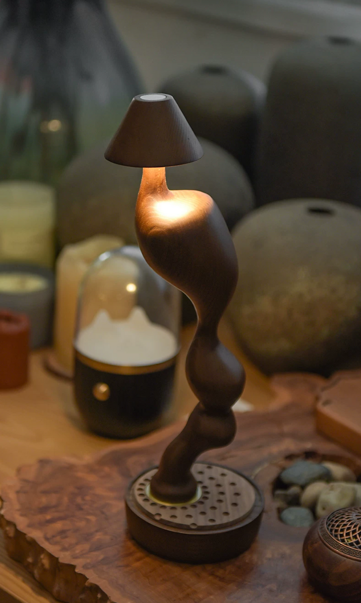 Carved Wood Cordless Table Lamp