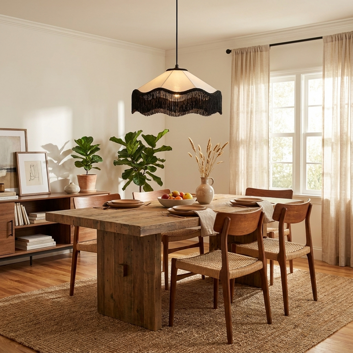 Fabric Cone Black Fringe Pendant Lamp
