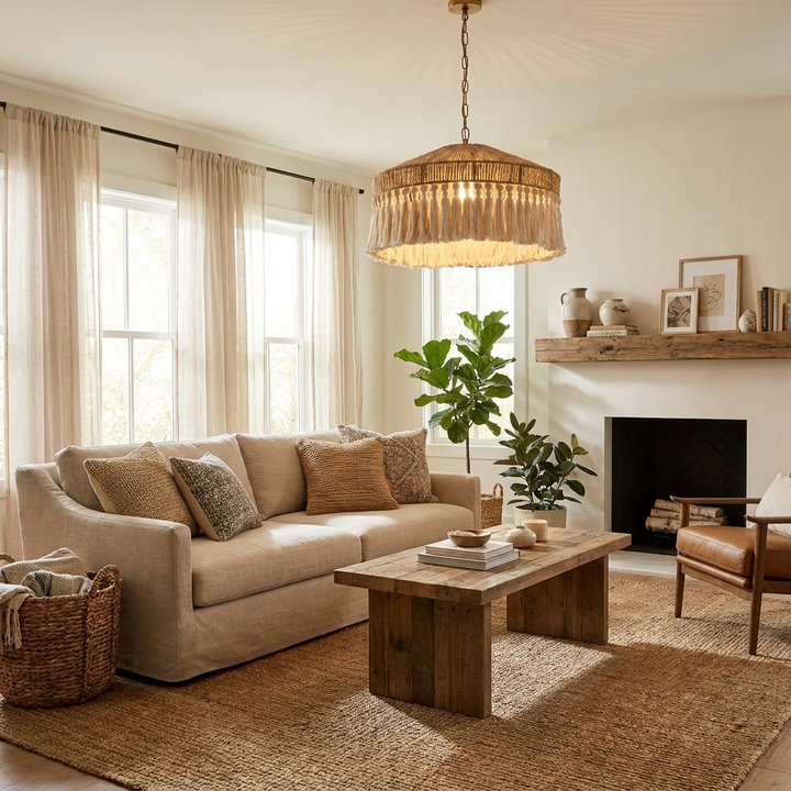Jute Fringe Drum Pendant Lamp