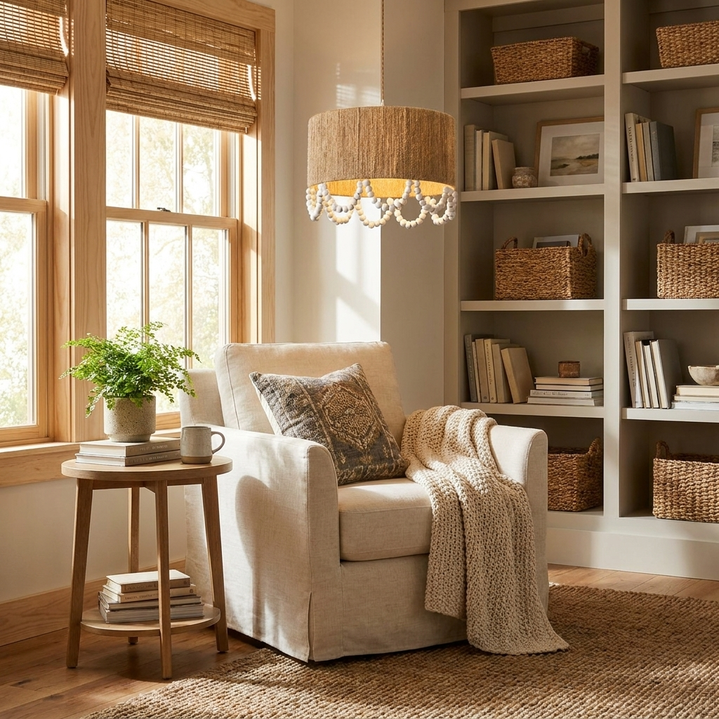 Jute Wood Bead Drum Pendant Lamp