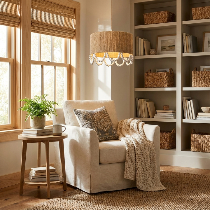 Jute Wood Bead Drum Pendant Lamp