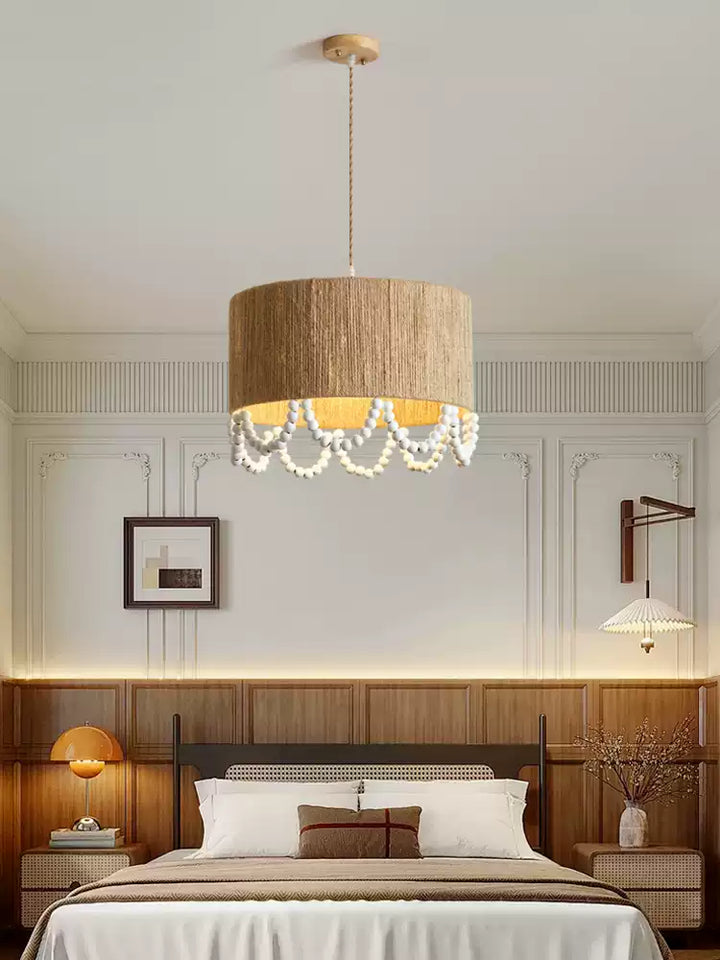 Jute Wood Bead Drum Pendant Lamp