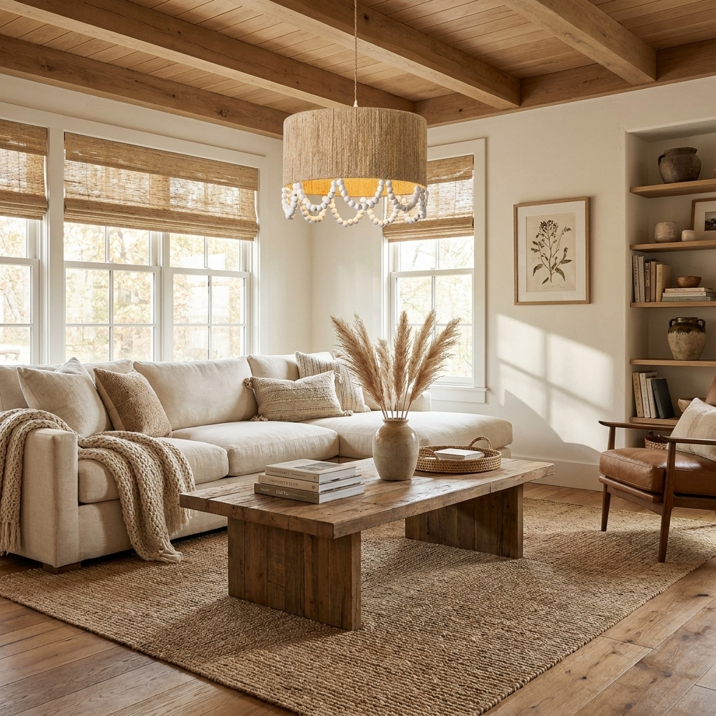 Jute Wood Bead Drum Pendant Lamp