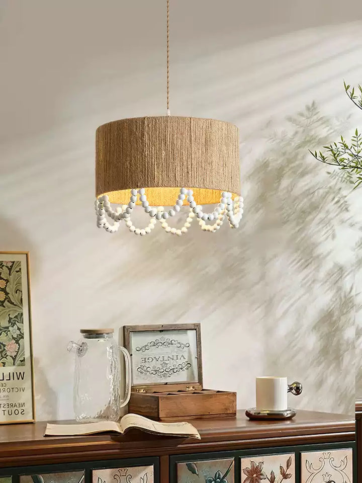 Jute Wood Bead Drum Pendant Lamp
