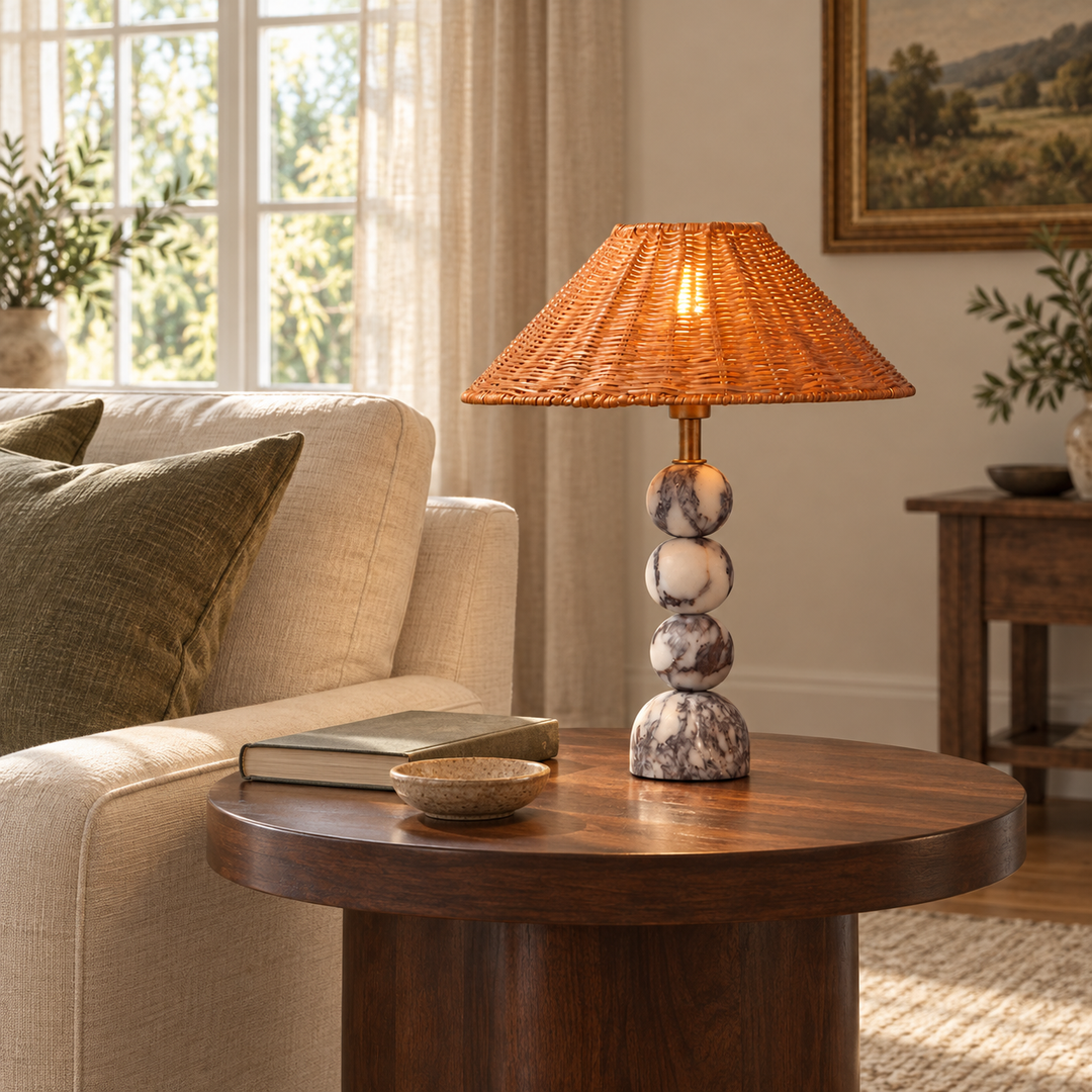 Marble Orb Rattan Table Lamp