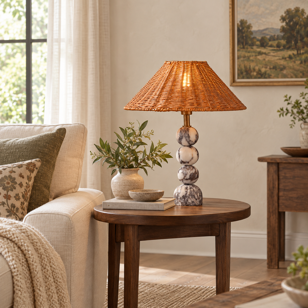 Marble Orb Rattan Table Lamp