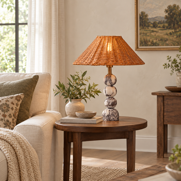 Marble Orb Rattan Table Lamp