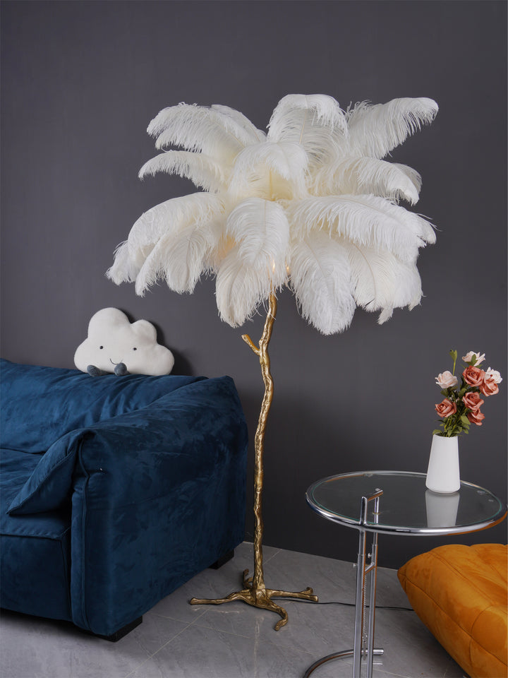 Lampadaire en laiton plume d'autruche