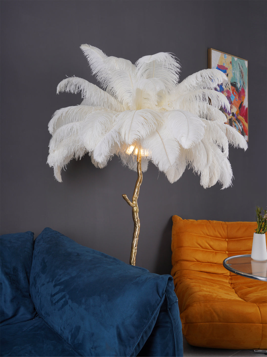 Lampadaire en laiton plume d'autruche