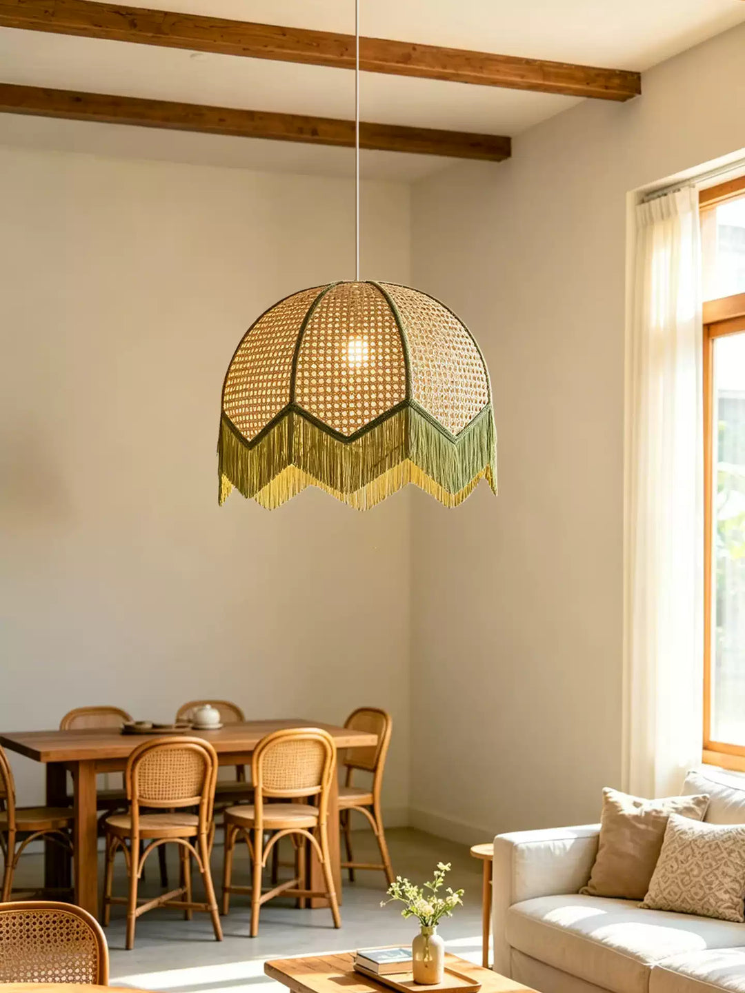 Rattan Fringe Dome Pendant Light