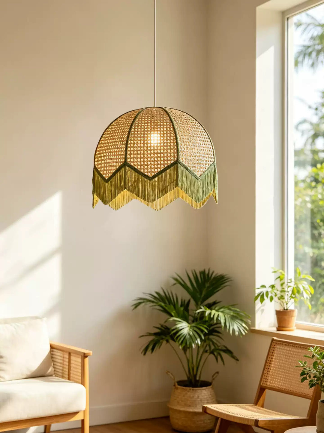 Rattan Fringe Dome Pendant Light