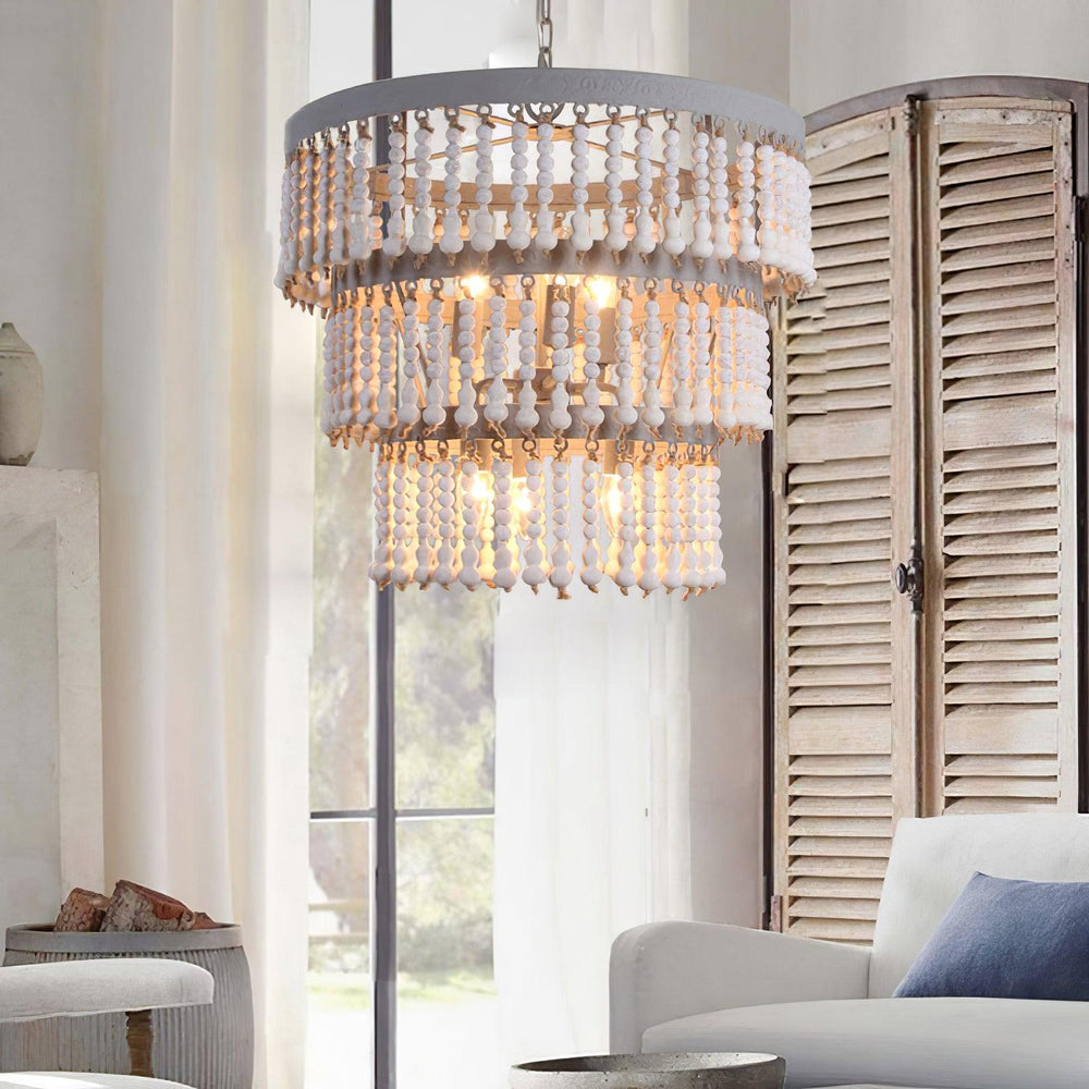 Three Tiered Wood Beaded Chandelier - Vakkerlight