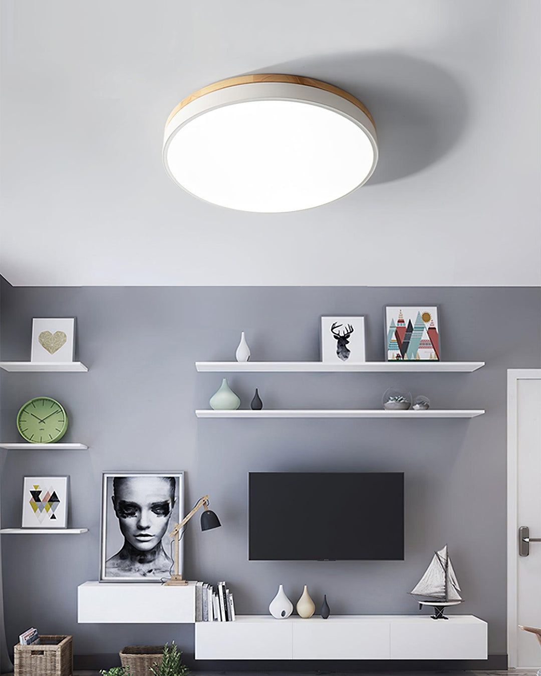 White Round Wooden Ceiling Lamp - Vakkerlight